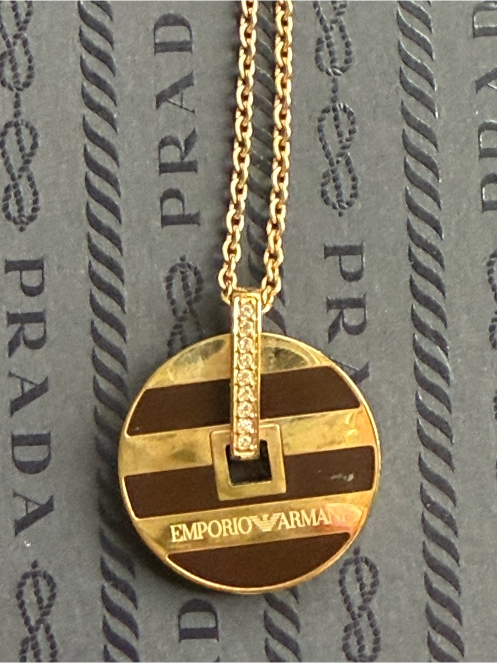 Emporio Armani Gold and Brown Striped Round Pendant Necklace